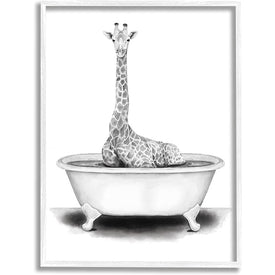 Giraffe In A Tub Funny Animal Bathroom Drawing 24"x30" Oversized White Framed Giclee Texturized Art