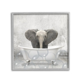 Baby Elephant Bath Time Cute Animal Design 12"x12" Rustic Gray Framed Giclee Texturized Art