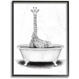 Giraffe In A Tub Funny Animal Bathroom Drawing 24"x30" XXL Black Framed Giclee Texturized Art