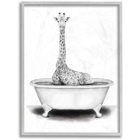 Giraffe In A Tub Funny Animal Bathroom Drawing 11"x14" Rustic Gray Framed Giclee Texturized Art