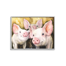 Baby Pigs Animal Yellow Watercolor Painting 24"x30" Oversized Rustic Gray Framed Giclee Texturized Art