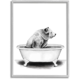 Bear In A Tub Funny Animal Bathroom Drawing 11"x14" Rustic Gray Framed Giclee Texturized Art