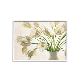 Tranquil White Tulip Bouquet in Country Vase 16"x20" White Framed Giclee Texturized Art