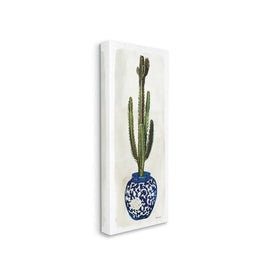 Cactus in Blue Ornate Vase Succulent Still Life 13"x30" Oversized Stretched Canvas Wall Art
