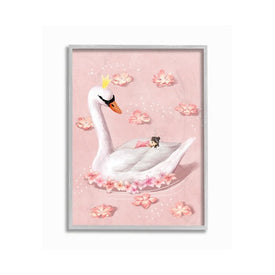 Nursery Swan Baby Princess Pink Floral Lake 11"x14" Rustic Gray Framed Giclee Texturized Art