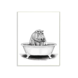 Hippo In A Tub Funny Animal Bathroom Drawing 10"x15" Wall Plaque Art