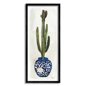 Cactus in Blue Ornate Vase Succulent Still Life 13"x30" Oversized Black Framed Giclee Texturized Art