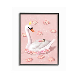 Nursery Swan Baby Princess Pink Floral Lake 24"x30" XXL Black Framed Giclee Texturized Art