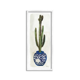 Cactus in Blue Ornate Vase Succulent Still Life 13"x30" Oversized White Framed Giclee Texturized Art