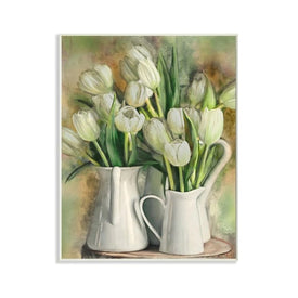 White Tulips in Charming Country Pitchers 10"x15" Wall Plaque Art
