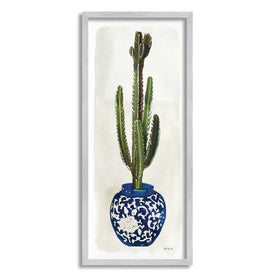 Cactus in Blue Ornate Vase Succulent Still Life 10"x24" Rustic Gray Framed Giclee Texturized Art