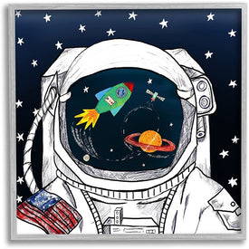 US Astronaut Suit Space Galaxy Reflection 17"x17" Rustic Gray Framed Giclee Texturized Art