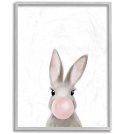Bunny with Pink Bubble Gum Forest Animal 24"x30" Oversized Rustic Gray Framed Giclee Texturized Art