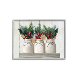 White Country Jars with Christmas Berry Bouquets 16"x20" Oversized Rustic Gray Framed Giclee Texturized Art