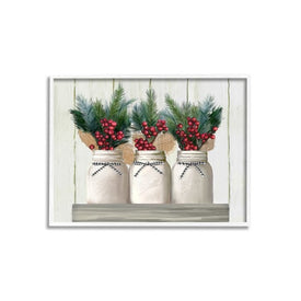 White Country Jars with Christmas Berry Bouquets 16"x20" White Framed Giclee Texturized Art