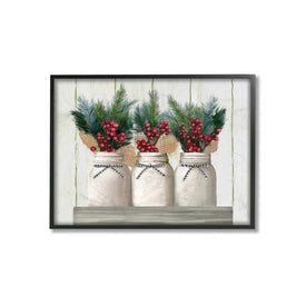 White Country Jars with Christmas Berry Bouquets 11"x14" Black Framed Giclee Texturized Art