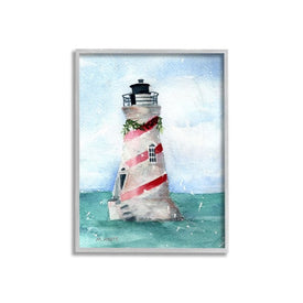 Nautical Holiday Lighthouse Christmas Candy Cane Stripes 24"x30" Oversized Rustic Gray Framed Giclee Texturized Art