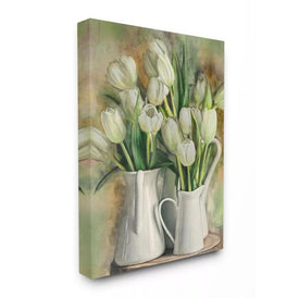 White Tulips in Charming Country Pitchers 16"x20" Stretched Canvas Wall Art