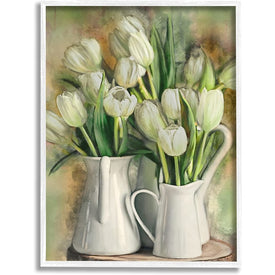 White Tulips in Charming Country Pitchers 16"x20" White Framed Giclee Texturized Art