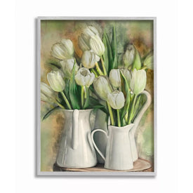 White Tulips in Charming Country Pitchers 16"x20" Oversized Rustic Gray Framed Giclee Texturized Art