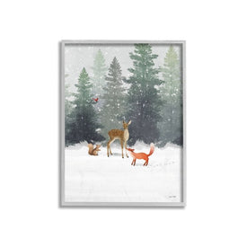 Winter Season Forest Animals Fox Deer Squirrel 24"x30" Oversized Rustic Gray Framed Giclee Texturized Art