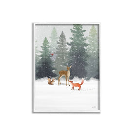 Winter Season Forest Animals Fox Deer Squirrel 11"x14" White Framed Giclee Texturized Art