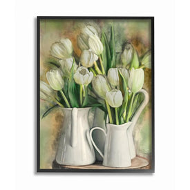 White Tulips in Charming Country Pitchers 16"x20" Oversized Black Framed Giclee Texturized Art