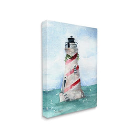 Nautical Holiday Lighthouse Christmas Candy Cane Stripes 16"x20" Stretched Canvas Wall Art