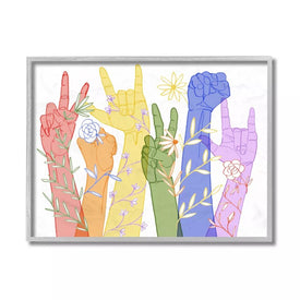 Rainbow Peace Love Caring Hand Signs ASL 11"x14" Rustic Gray Framed Giclee Texturized Art