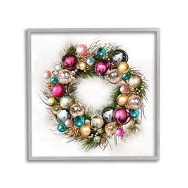 Festive Ornamental Wreath Minimal Christmas Charm 24"x24" Oversized Rustic Gray Framed Giclee Texturized Art