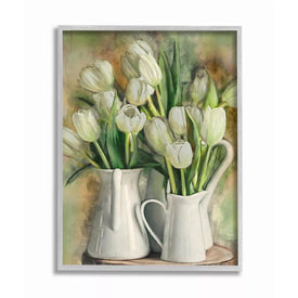 White Tulips in Charming Country Pitchers 11"x14" Rustic Gray Framed Giclee Texturized Art