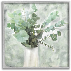 Sage Green Painterly Eucalyptus In White Vase 12"x12" Rustic Gray Framed Giclee Texturized Art