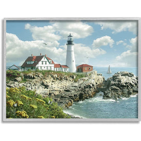 Portland Head Lighthouse Scene Grassy Ocean Side Peninsula with Sail Boat 16"x20" Oversized Rustic Gray Framed Giclee Texturized Art