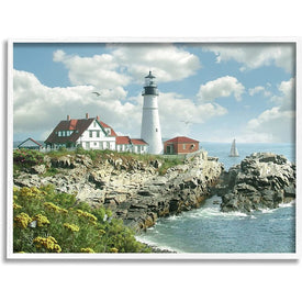 Portland Head Lighthouse Scene Grassy Ocean Side Peninsula with Sail Boat 16"x20" White Framed Giclee Texturized Art