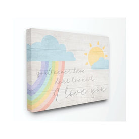 How Much I Love You Rainbow Clouds and Sun on Planks 24"x30" Oversized Stretched Canvas Wall Art