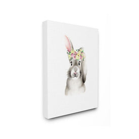 Cute Cartoon Baby Bunny Rabbit Flower Crown Forest Animal Painting 16"x20" Stretched Canvas Wall Art