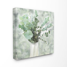 Sage Green Painterly Eucalyptus In White Vase 17"x17" Stretched Canvas Wall Art