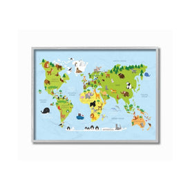 World Map Cartoon and Colorful 24"x30" Oversized Rustic Gray Framed Giclee Texturized Art