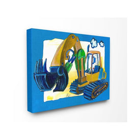 Yellow Excavator with Blue Border 16"x20" Stretched Canvas Wall Art