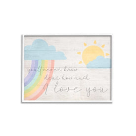 How Much I Love You Rainbow Clouds and Sun on Planks 16"x20" White Framed Giclee Texturized Art