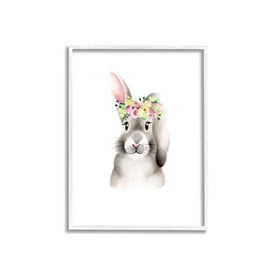 Cute Cartoon Baby Bunny Rabbit Flower Crown Forest Animal Painting 16"x20" White Framed Giclee Texturized Art