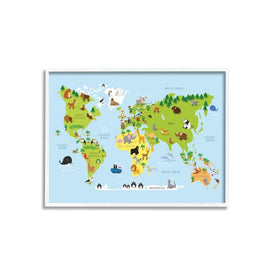 World Map Cartoon and Colorful 11"x14" White Framed Giclee Texturized Art
