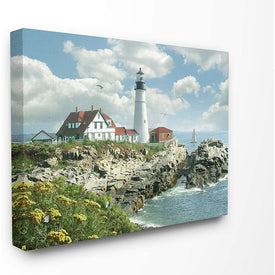 Portland Head Lighthouse Scene Grassy Ocean Side Peninsula with Sail Boat 16"x20" Stretched Canvas Wall Art