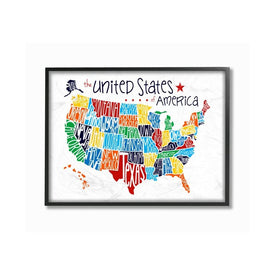 Colorful USA Map with State Names Typography 11"x14" Black Framed Giclee Texturized Art