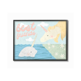 Best Friends Narwhal and Unicorn Collage 16"x20" Oversized Black Framed Giclee Texturized Art