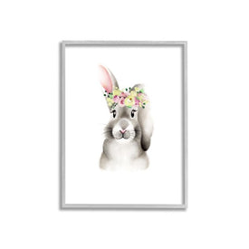 Cute Cartoon Baby Bunny Rabbit Flower Crown Forest Animal Painting 16"x20" Oversized Rustic Gray Framed Giclee Texturized Art