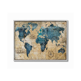 Vintage Abstract World Map Design 24"x30" Oversized Rustic Gray Framed Giclee Texturized Art