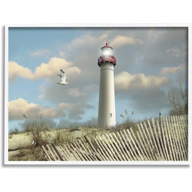 Cape May Sand Dune Fence Lighthouse Beach Scene with Seagull 16"x20" White Framed Giclee Texturized Art