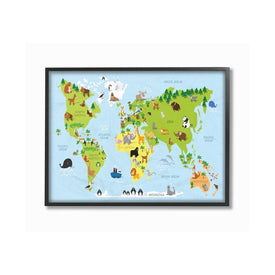 World Map Cartoon and Colorful 11"x14" Black Framed Giclee Texturized Art