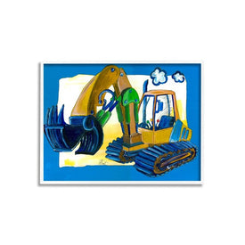 Yellow Excavator with Blue Border 16"x20" White Framed Giclee Texturized Art